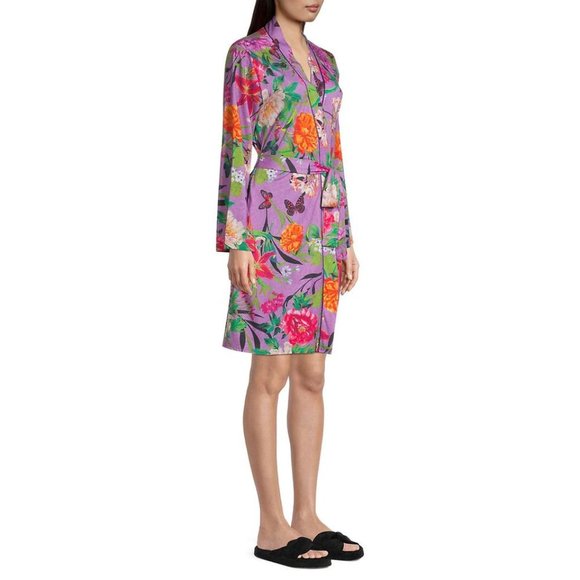 Johnny Was Goza Purple Flowers Sleep Robe Lounge Wear Floral Butterfly Pink NEW - Picture 2 of 8